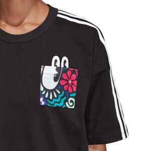 Adidas Women's XS Black Floral Pocket T-Shirt Peeking Eyes Striped Sleeve Top
